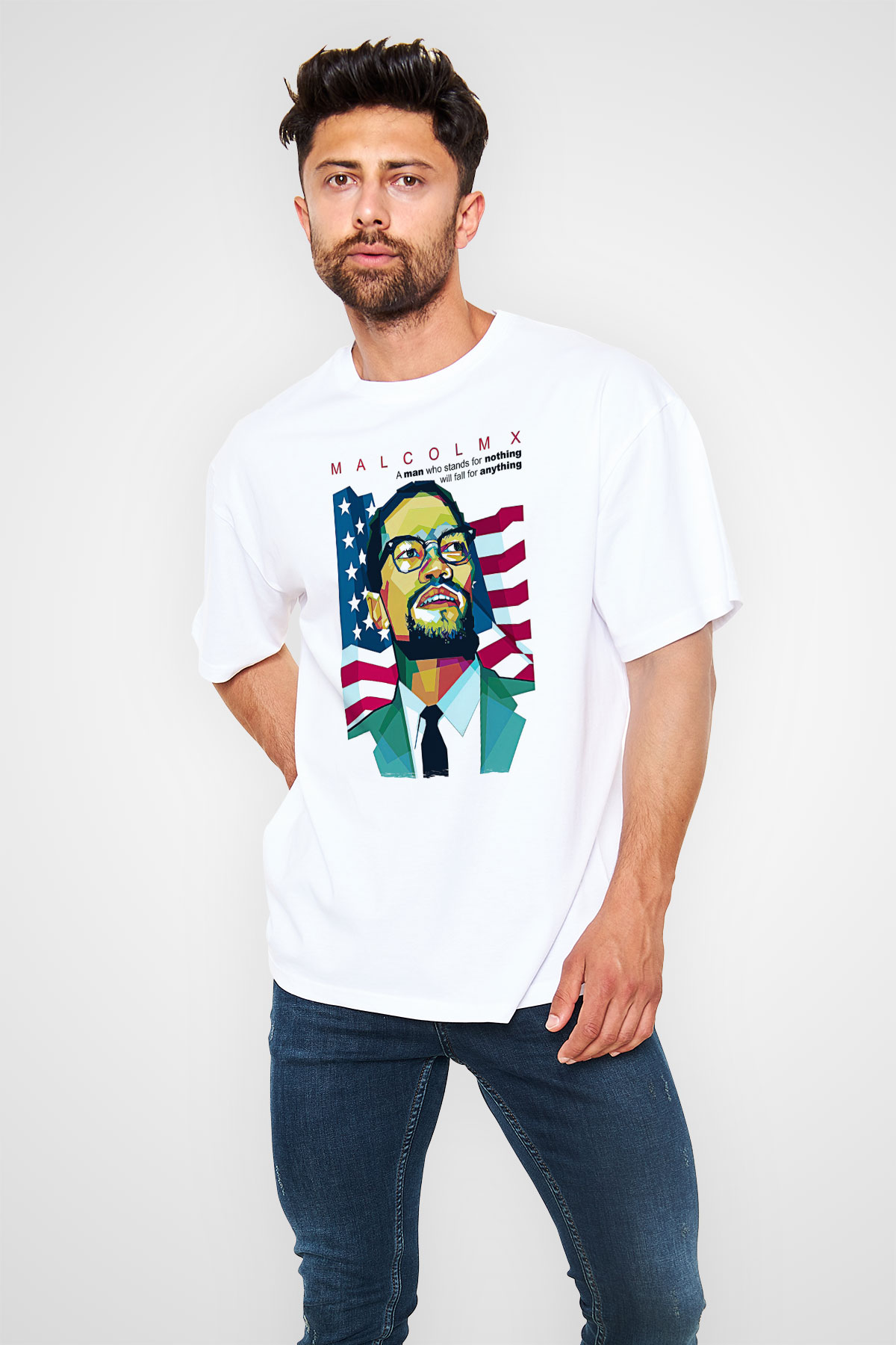 Malcolm X James Baskılı Beyaz Unisex Oversize Tişört - Tshirt