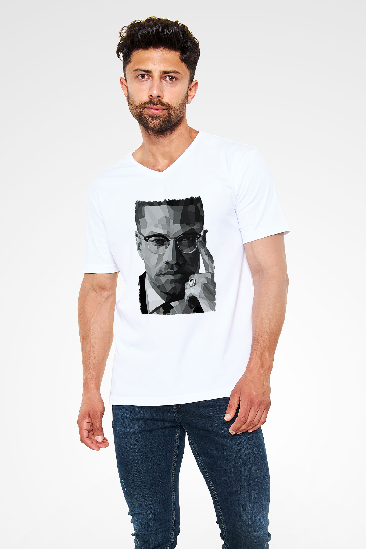 Malcolm X James Baskılı Beyaz Unisex V Yaka Tişört - Tshirt