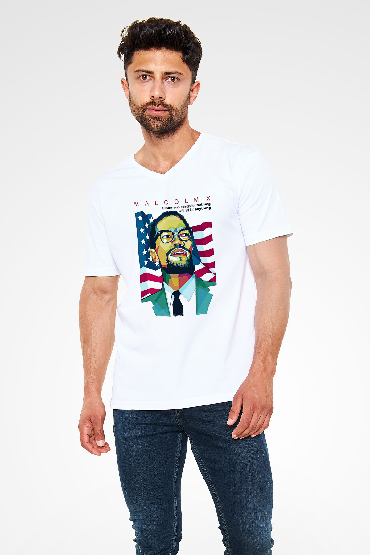 Malcolm X James Baskılı Beyaz Unisex V Yaka Tişört - Tshirt