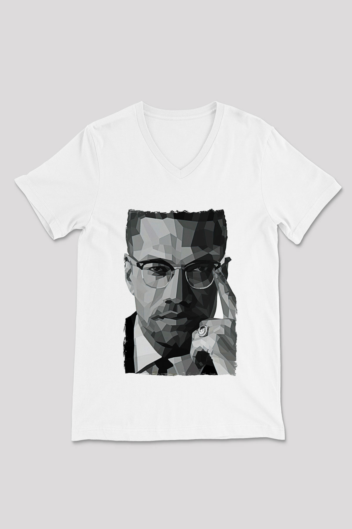 Malcolm X James Baskılı Beyaz Unisex V Yaka Tişört - Tshirt