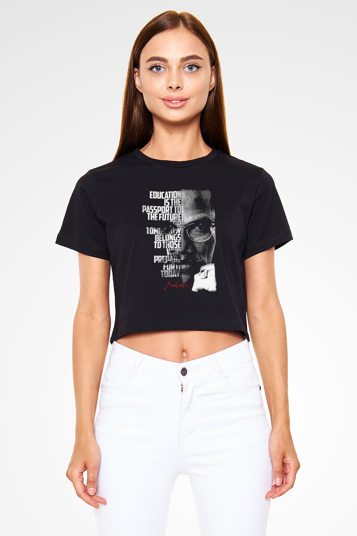 Malcolm X James Baskılı Siyah Crop Top Kadın Tişört - Tshirt