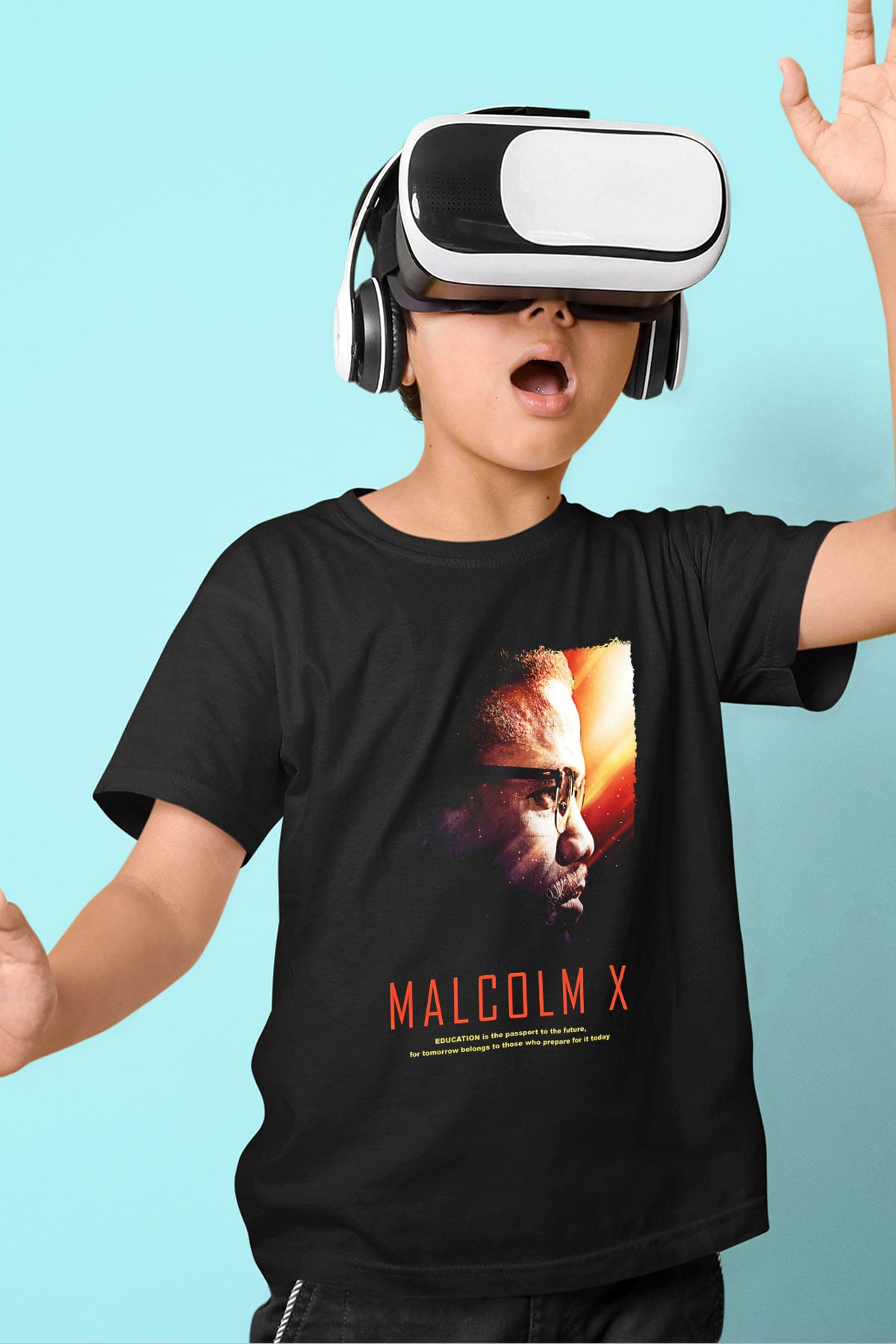 Malcolm X James Baskılı Unisex Siyah Çocuk Tişört - Tshirt