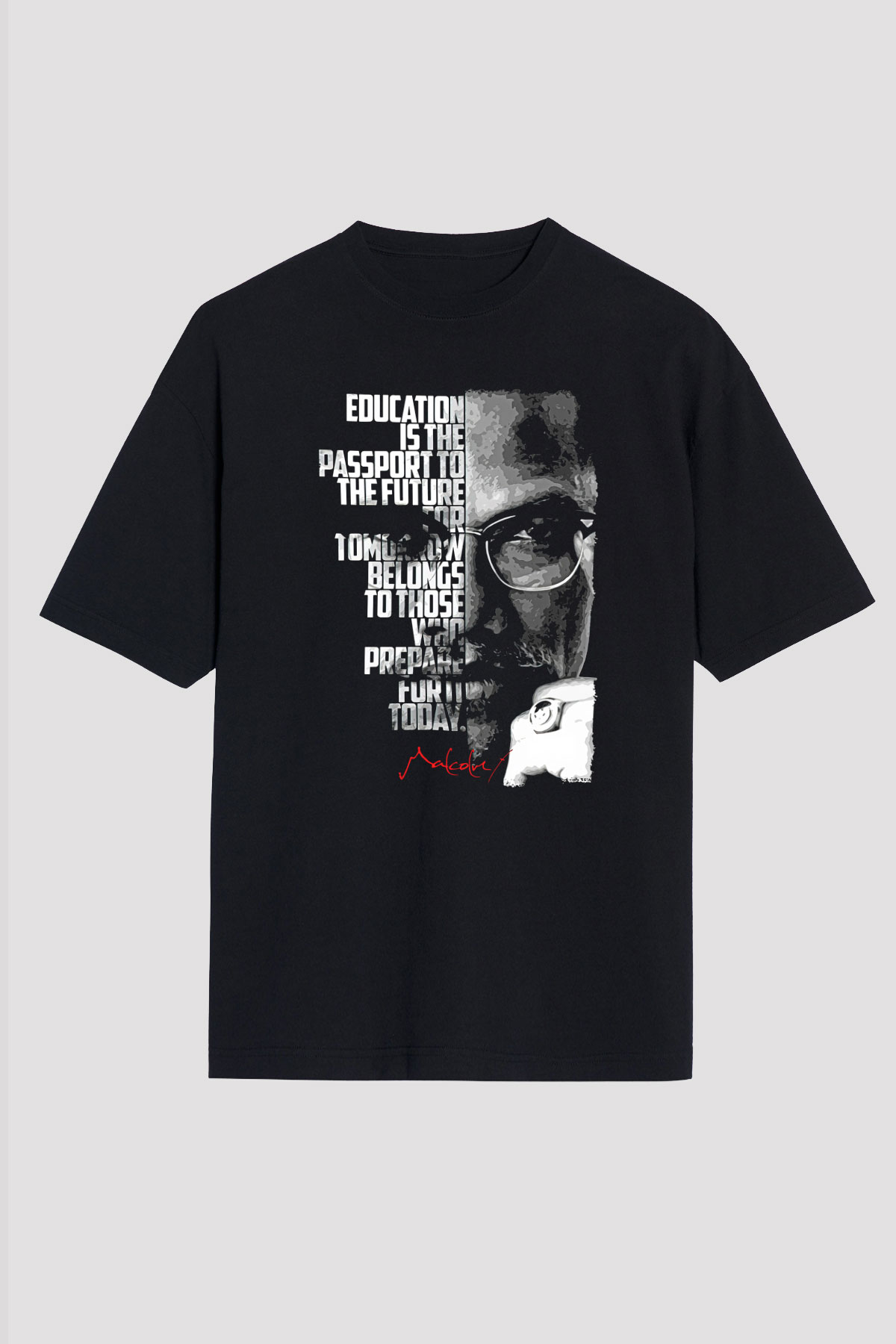 Malcolm X James Baskılı Unisex Siyah Oversize Tişört - Tshirt