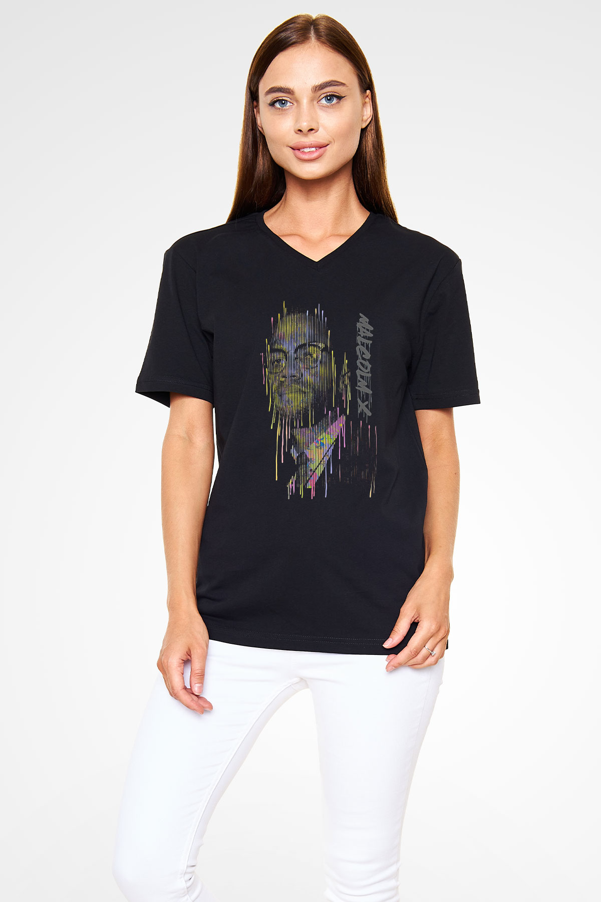 Malcolm X James Baskılı Unisex Siyah V Yaka Tişört - Tshirt