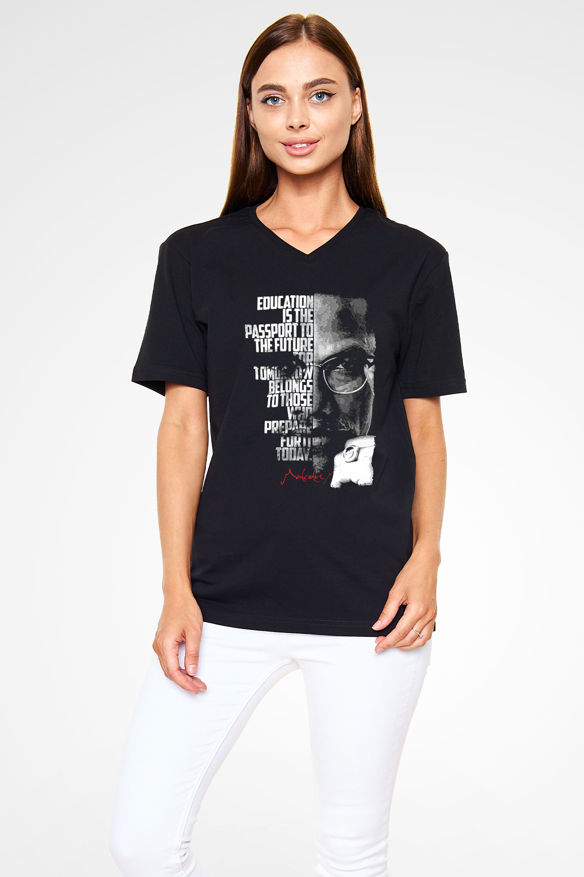 Malcolm X James Baskılı Unisex Siyah V Yaka Tişört - Tshirt