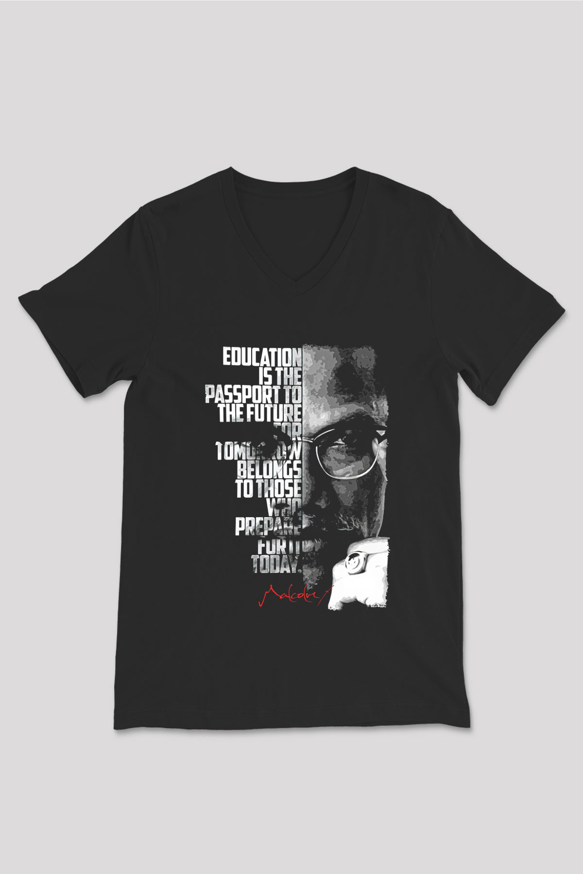 Malcolm X James Baskılı Unisex Siyah V Yaka Tişört - Tshirt