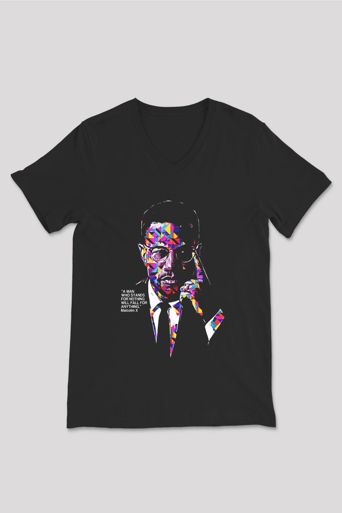 Malcolm X James Baskılı Unisex Siyah V Yaka Tişört - Tshirt