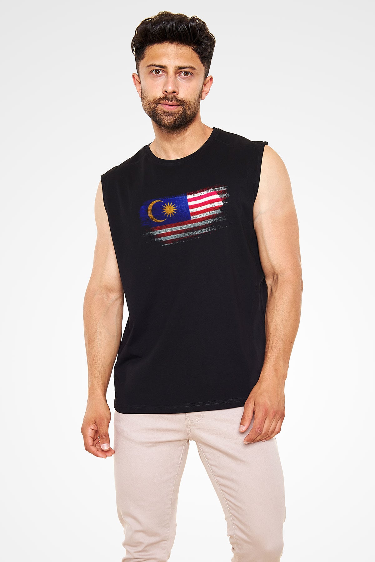 Malezya - Malaysia Bayrağı Baskılı Unisex Siyah Kolsuz Tişört