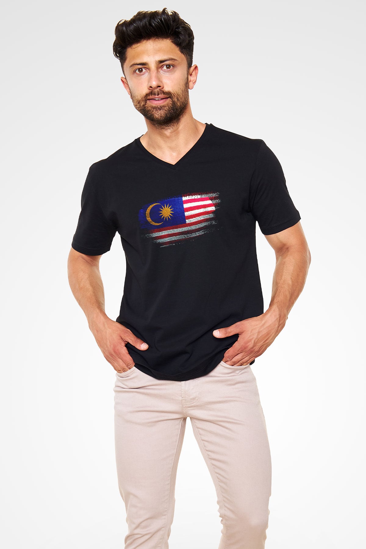 Malezya - Malaysia Bayrağı Baskılı Unisex Siyah V Yaka Tişört