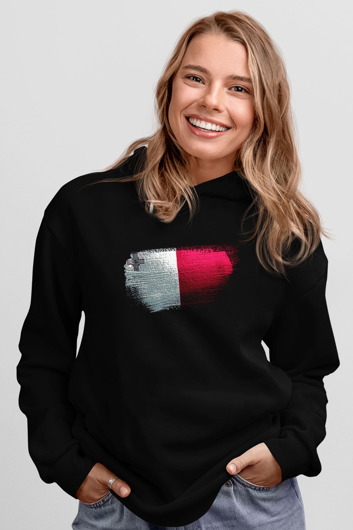 Malta Bayrağı Baskılı Unisex Siyah Kapüşonlu Sweatshirt
