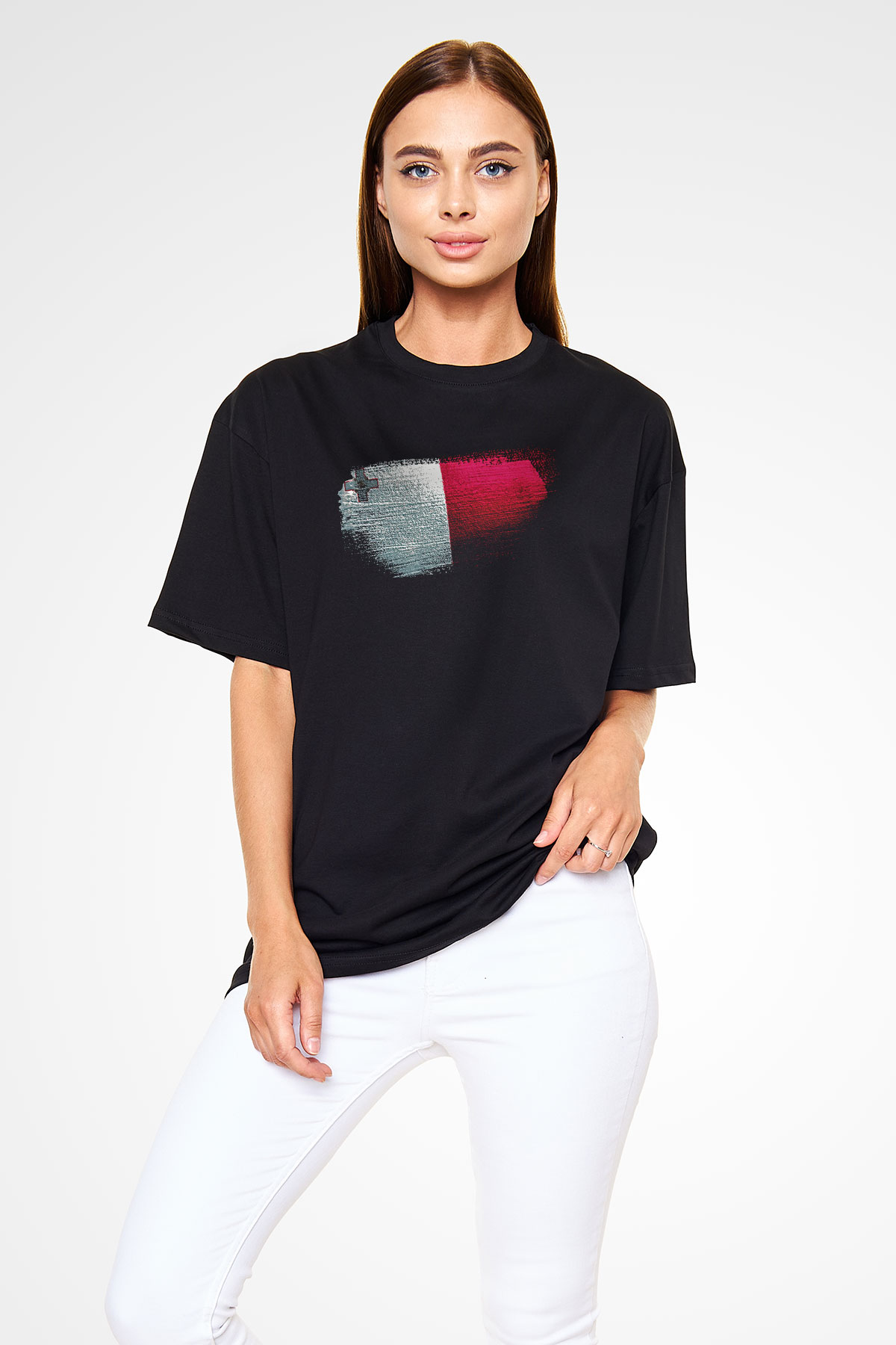 Malta Bayrağı Baskılı Unisex Siyah Oversize Tişört