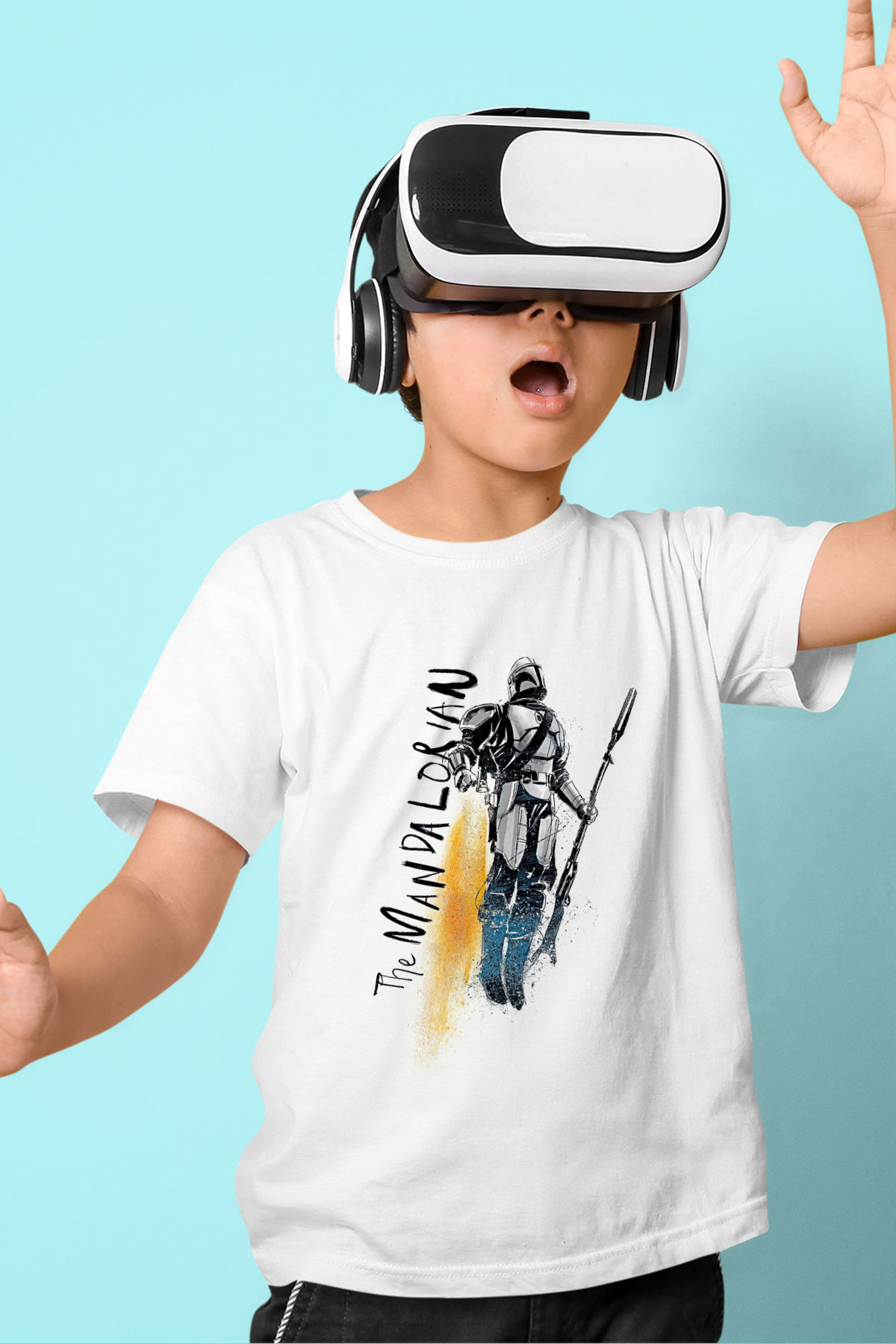Mandalorian Baskılı Beyaz Unisex Beyaz Çocuk Tişört - Tshirt