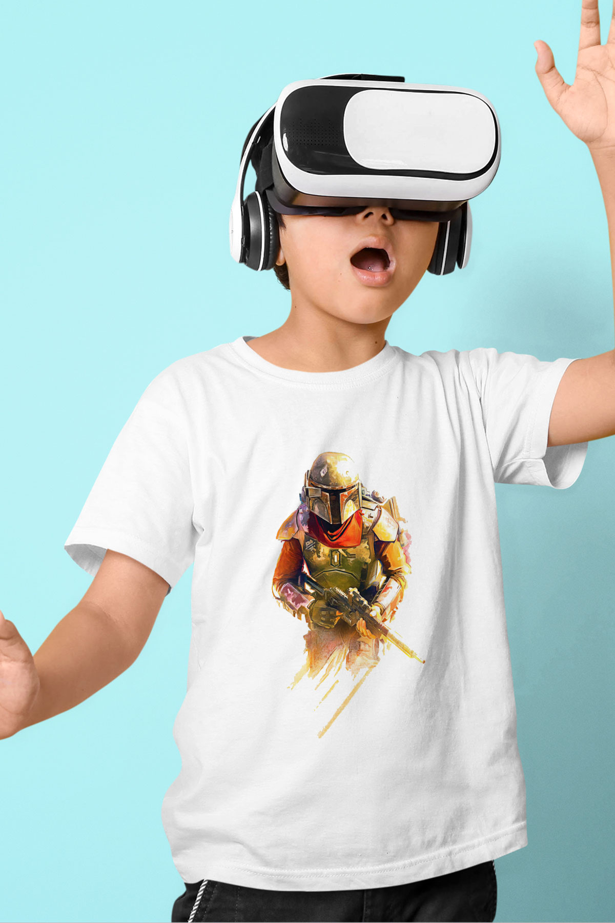 Mandalorian Baskılı Beyaz Unisex Beyaz Çocuk Tişört - Tshirt