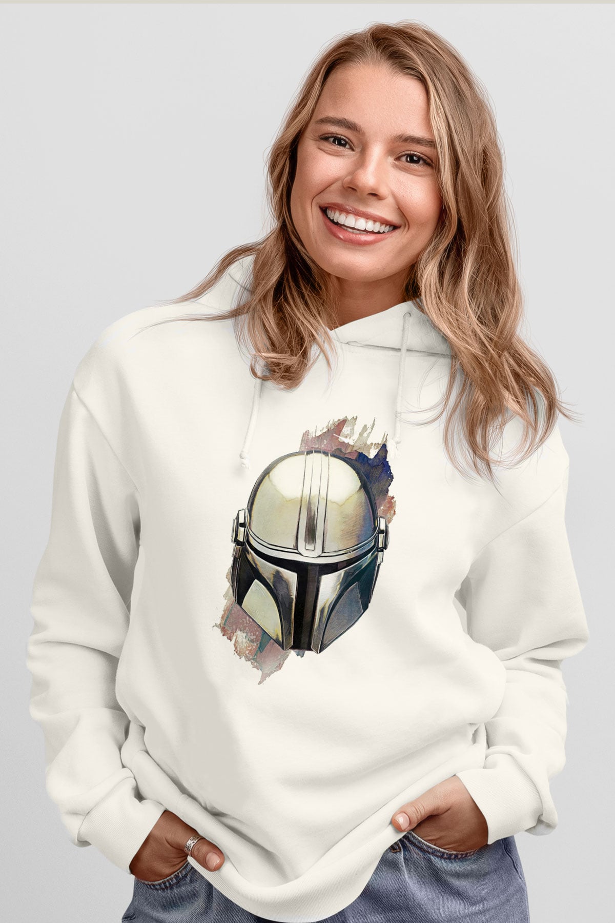 Mandalorian Baskılı Beyaz Unisex Hoodie