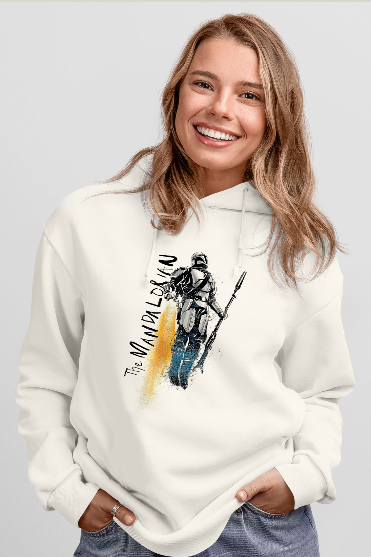 Mandalorian Baskılı Beyaz Unisex Hoodie