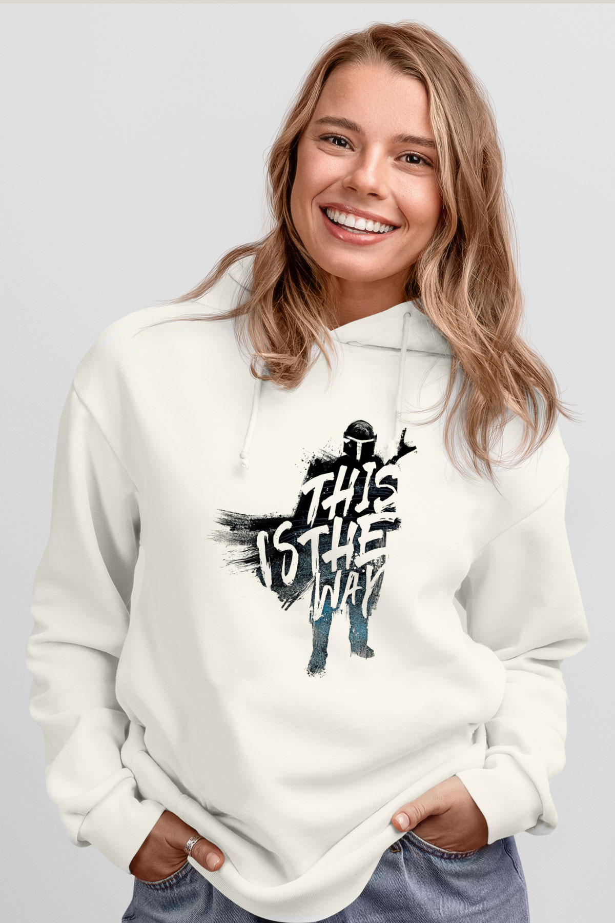 Mandalorian Baskılı Beyaz Unisex Hoodie