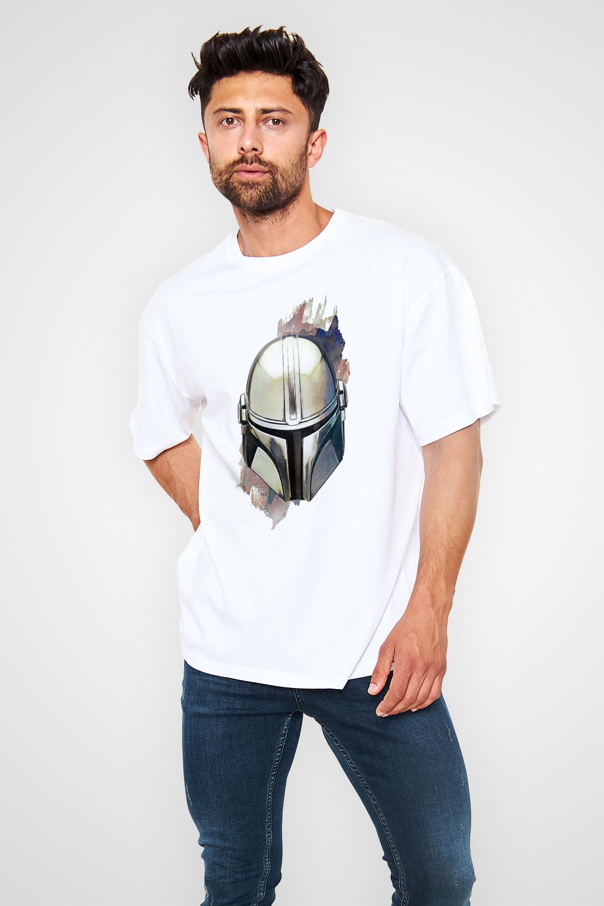 Mandalorian Baskılı Beyaz Unisex Oversize Tişört - Tshirt