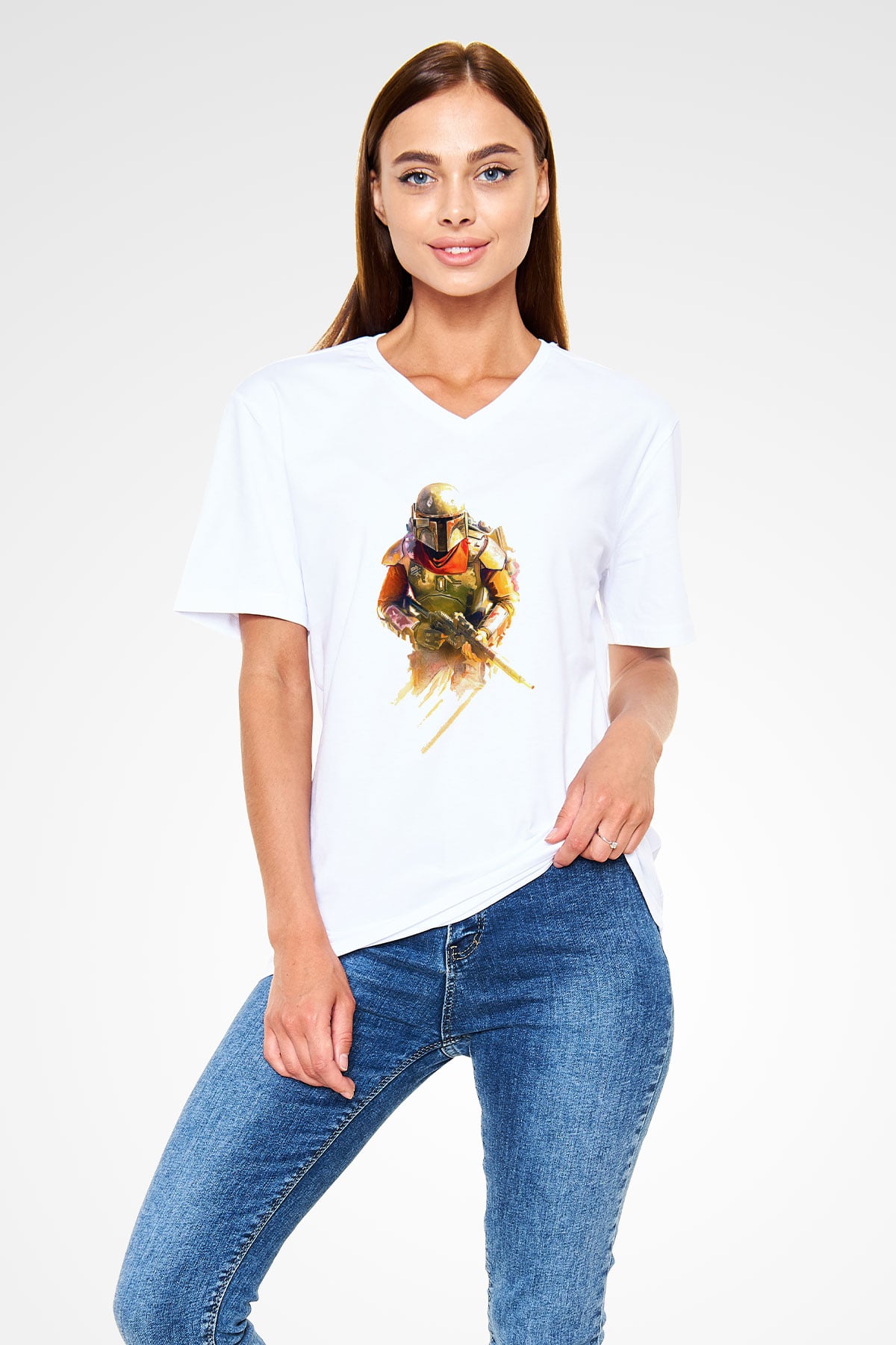 Mandalorian Baskılı Beyaz Unisex V Yaka Tişört - Tshirt