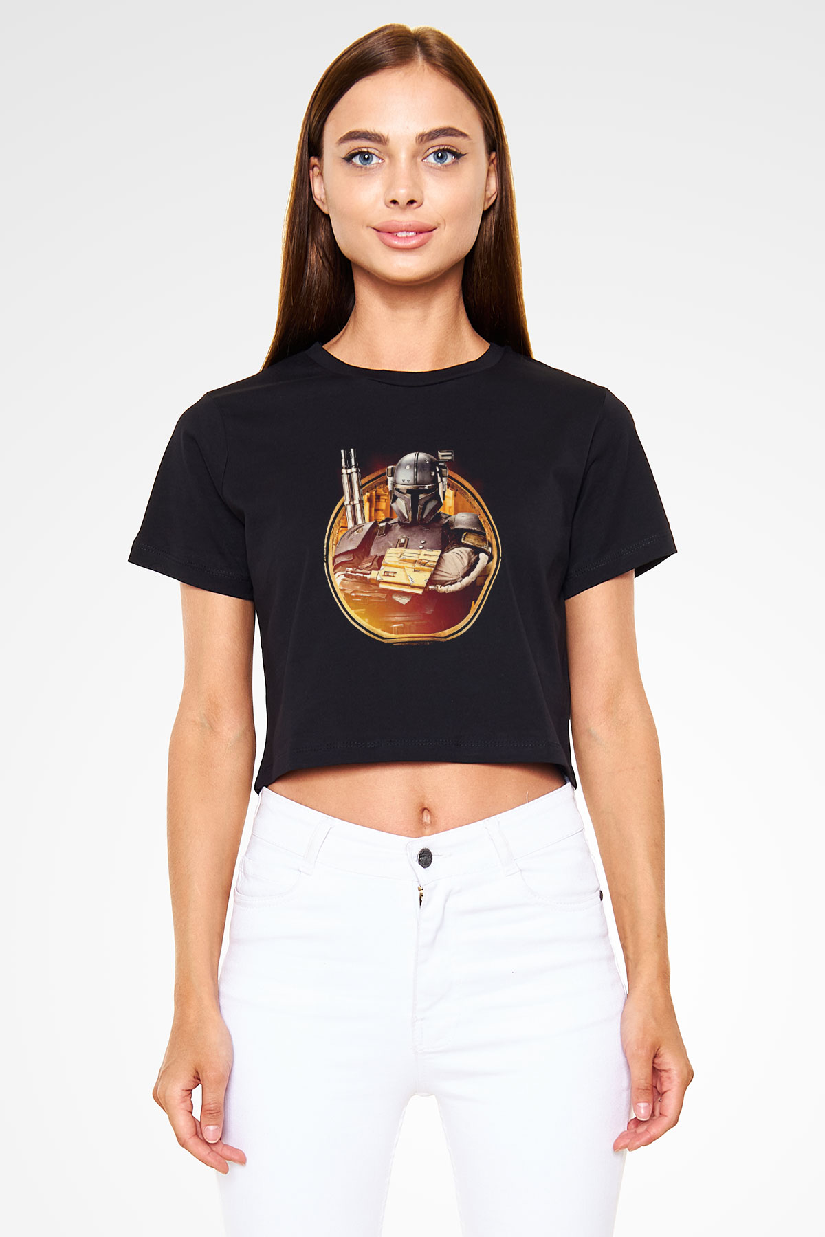 Mandalorian Baskılı Siyah Crop Top Kadın Tişört - Tshirt