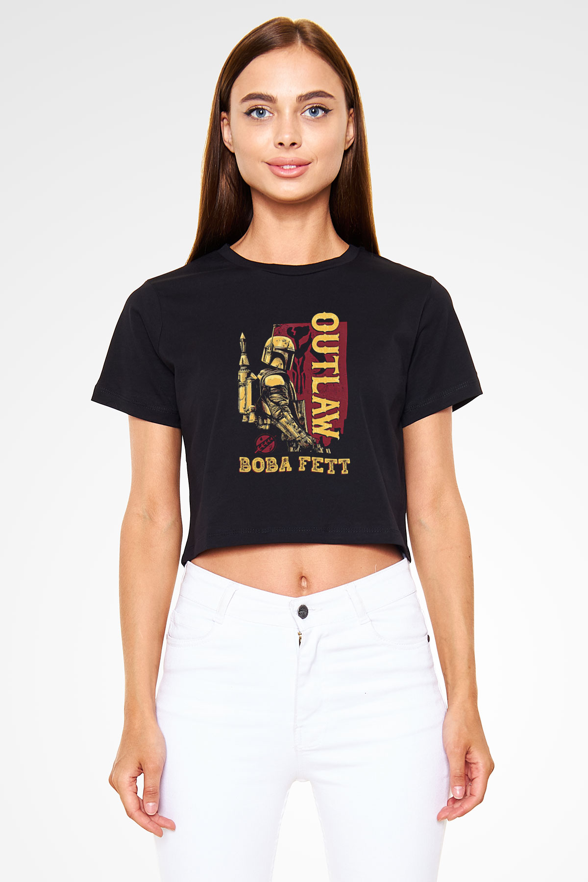Mandalorian Baskılı Siyah Crop Top Kadın Tişört - Tshirt