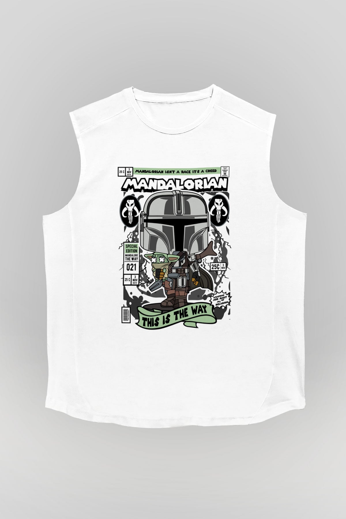 Mandalorian Baskılı Unisex Beyaz Kolsuz Tişört