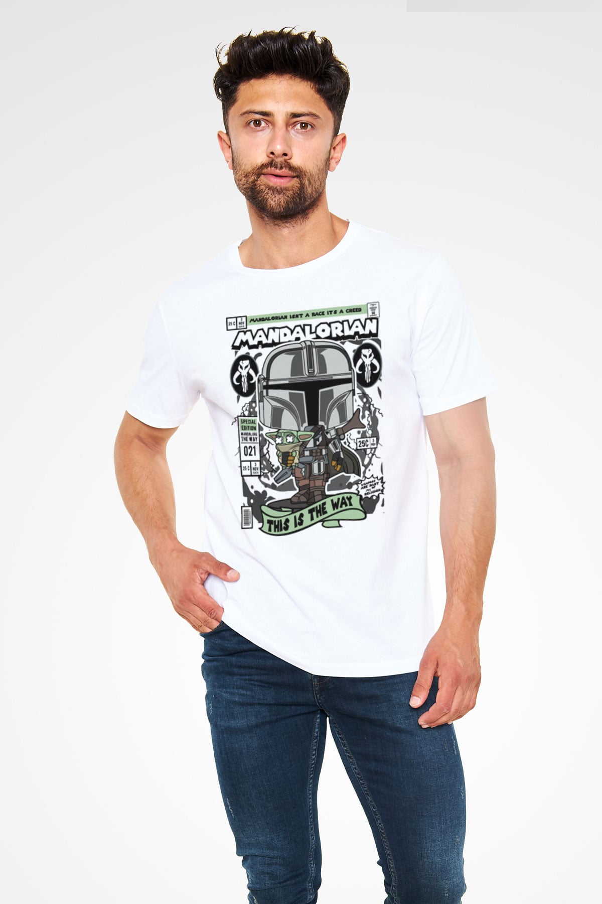 Mandalorian Baskılı Unisex Beyaz Tişört