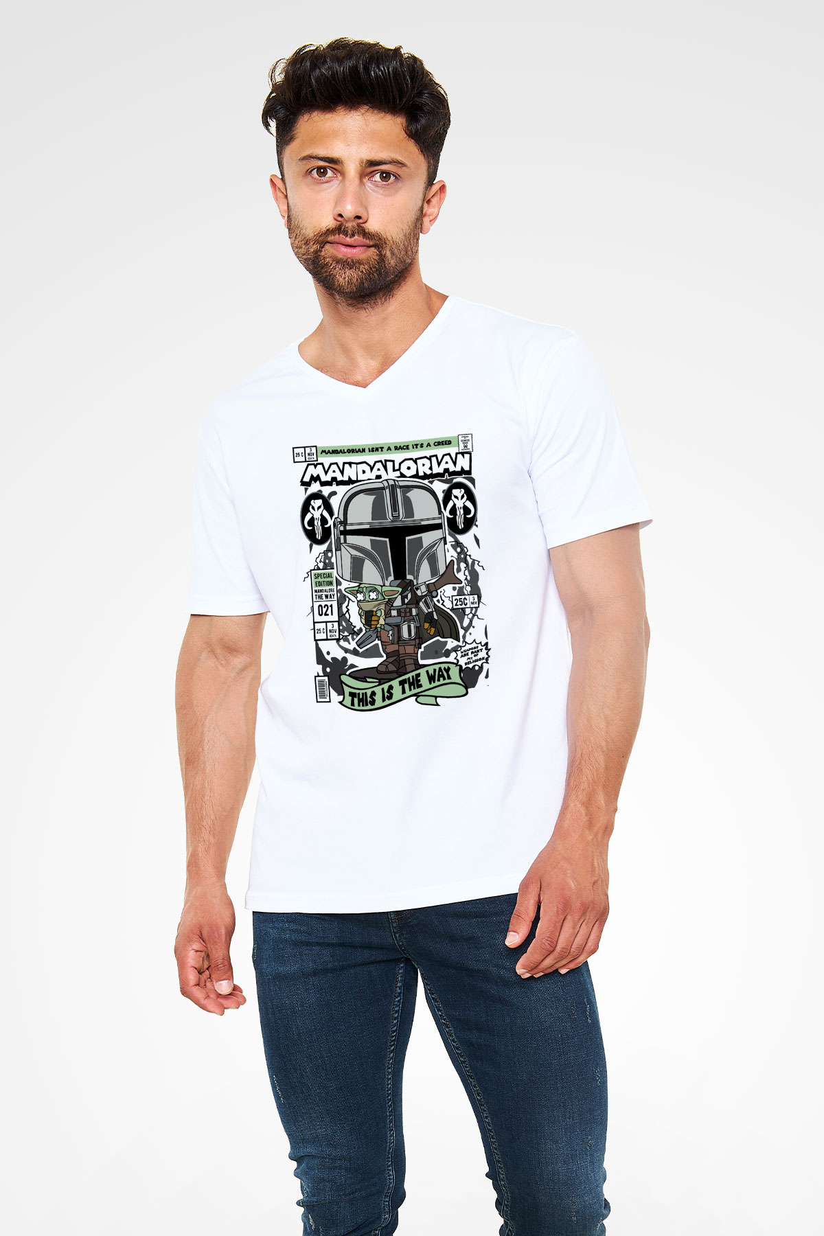 Mandalorian Baskılı Unisex Beyaz V Yaka Tişört