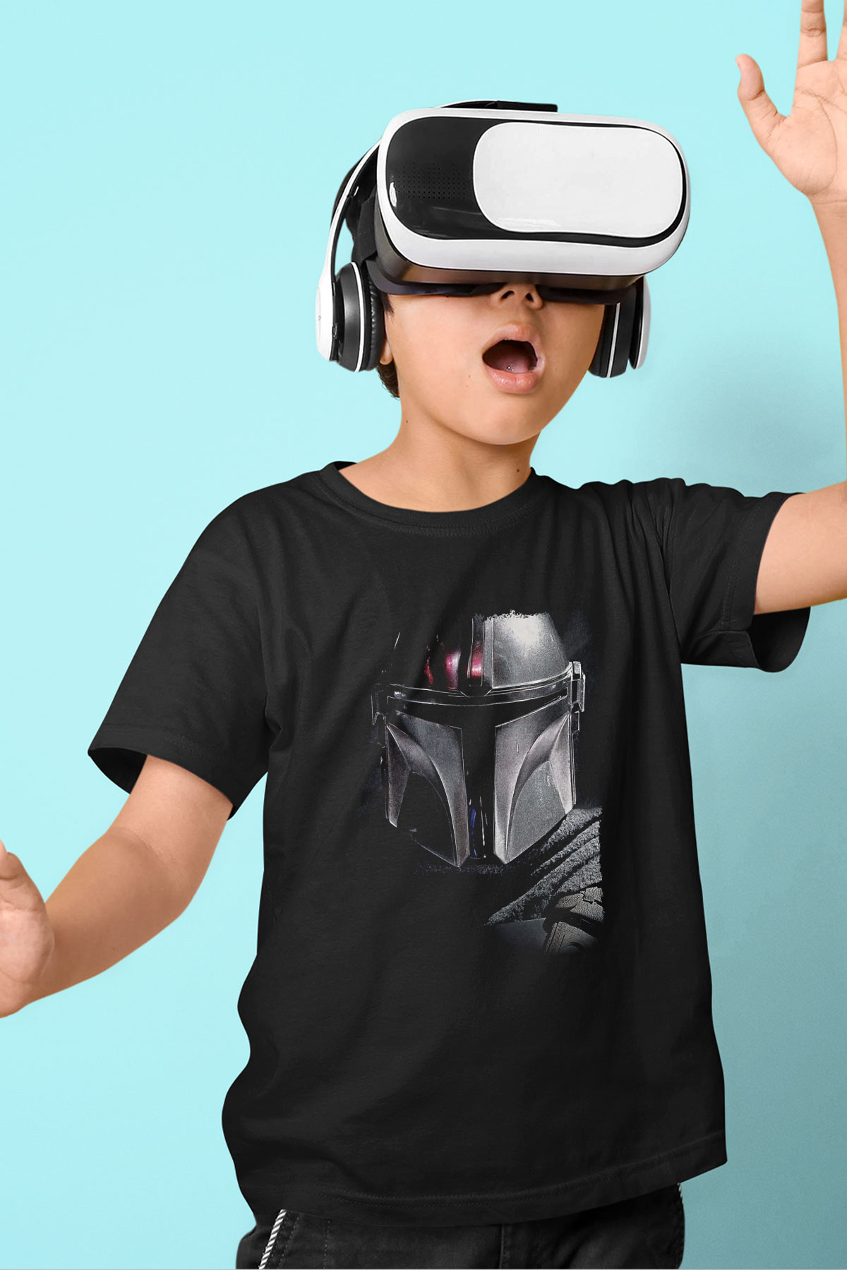 Mandalorian Baskılı Unisex Siyah Çocuk Tişört - Tshirt
