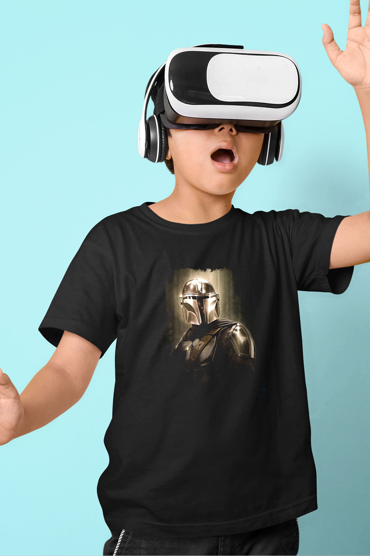 Mandalorian Baskılı Unisex Siyah Çocuk Tişört - Tshirt