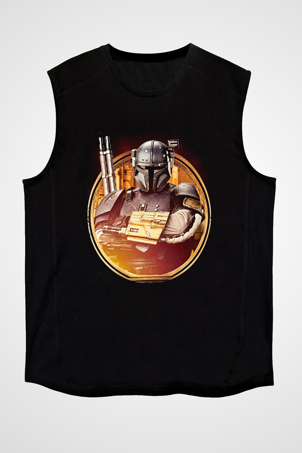 Mandalorian Baskılı Unisex Siyah Kolsuz Tişört - Tshirt