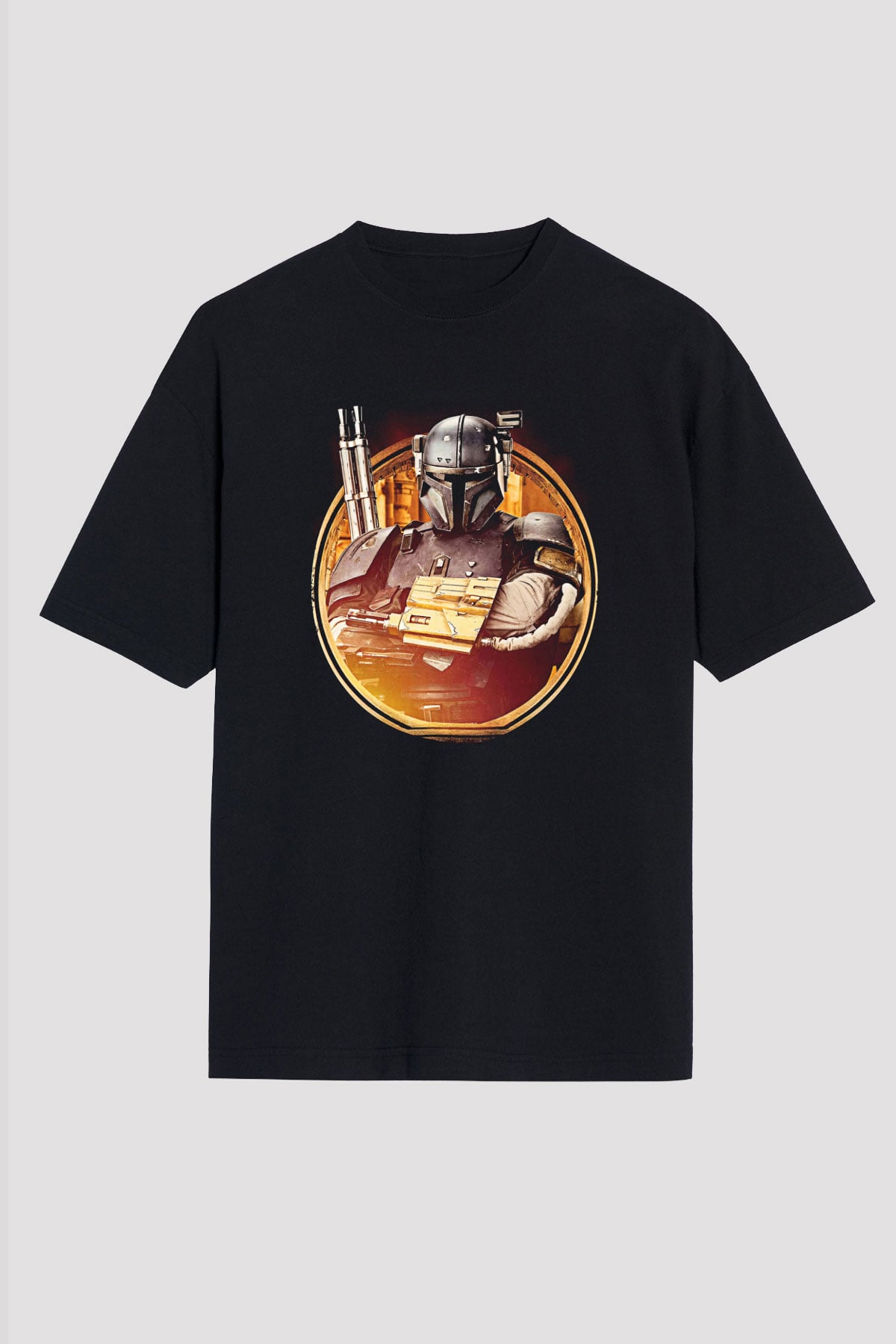 Mandalorian Baskılı Unisex Siyah Oversize Tişört - Tshirt