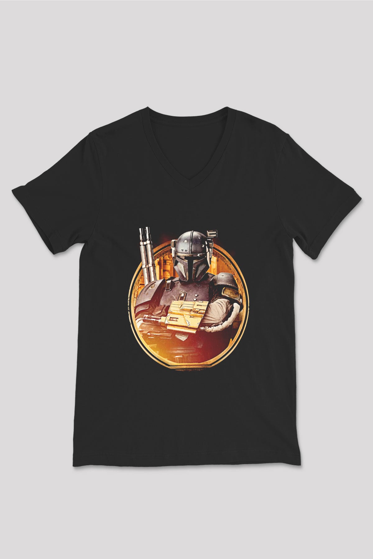 Mandalorian Baskılı Unisex Siyah V Yaka Tişört - Tshirt
