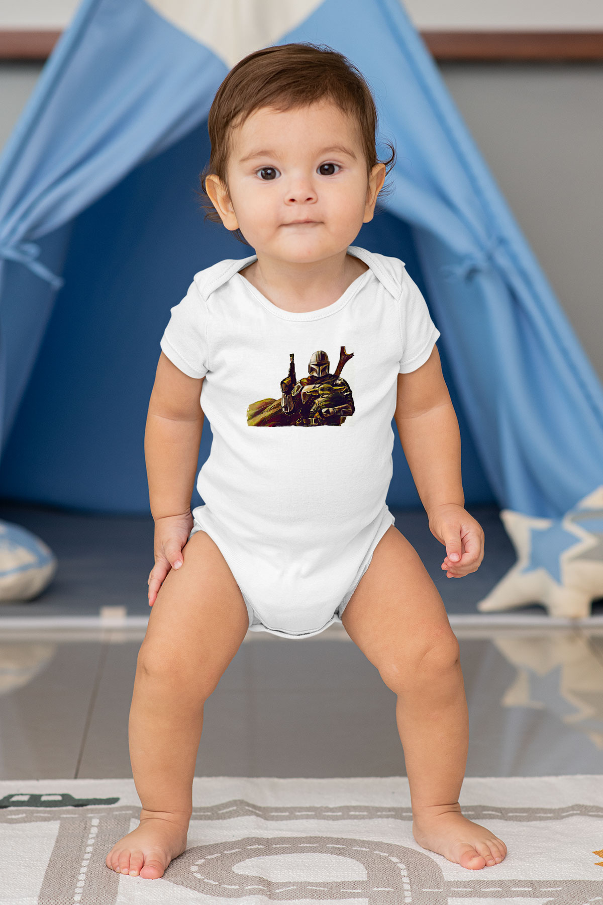 Mandolarian Baskılı Beyaz Unisex Bebek Body - Zıbın