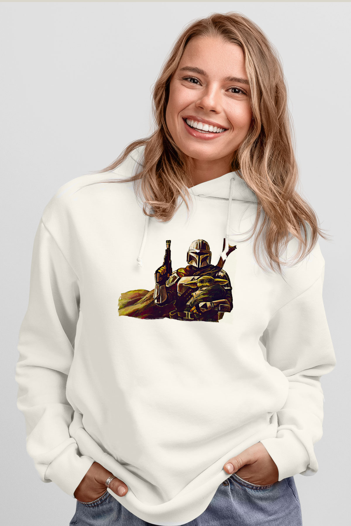 Mandolarian Baskılı Beyaz Unisex Hoodie