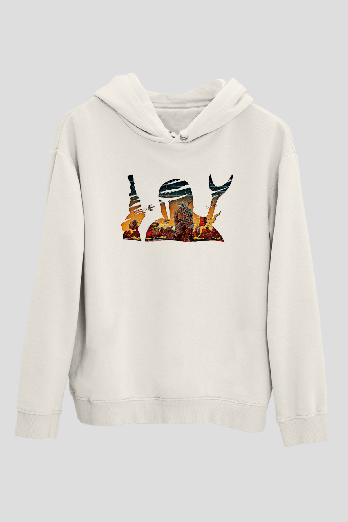 Mandolarian Baskılı Beyaz Unisex Hoodie