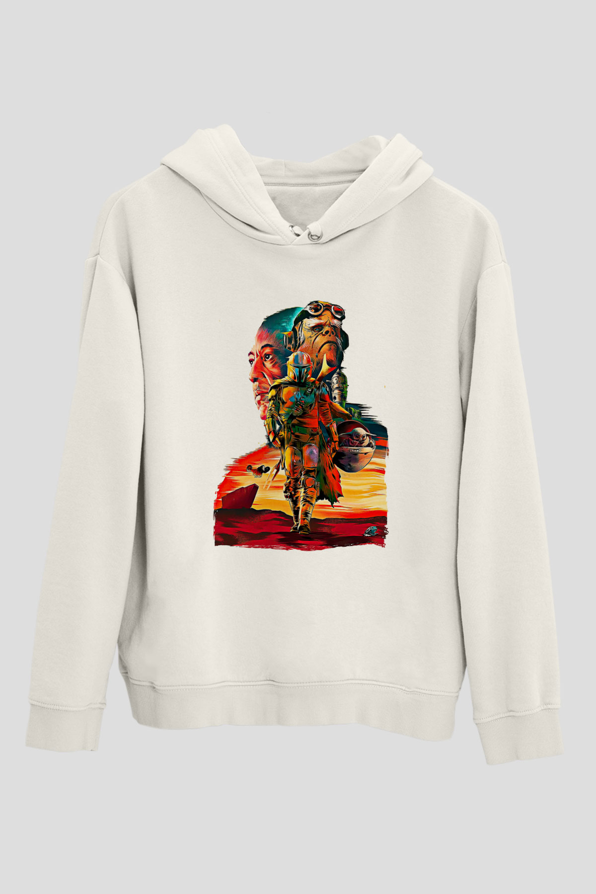Mandolarian Baskılı Beyaz Unisex Hoodie