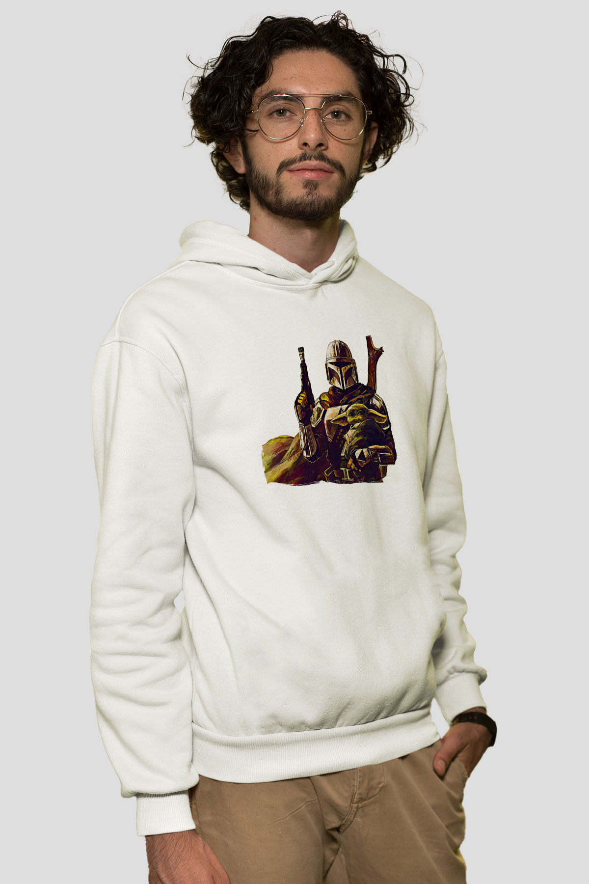 Mandolarian Baskılı Beyaz Unisex Hoodie
