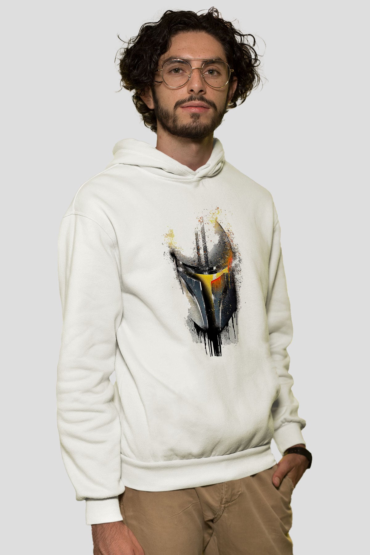 Mandolarian Baskılı Beyaz Unisex Hoodie