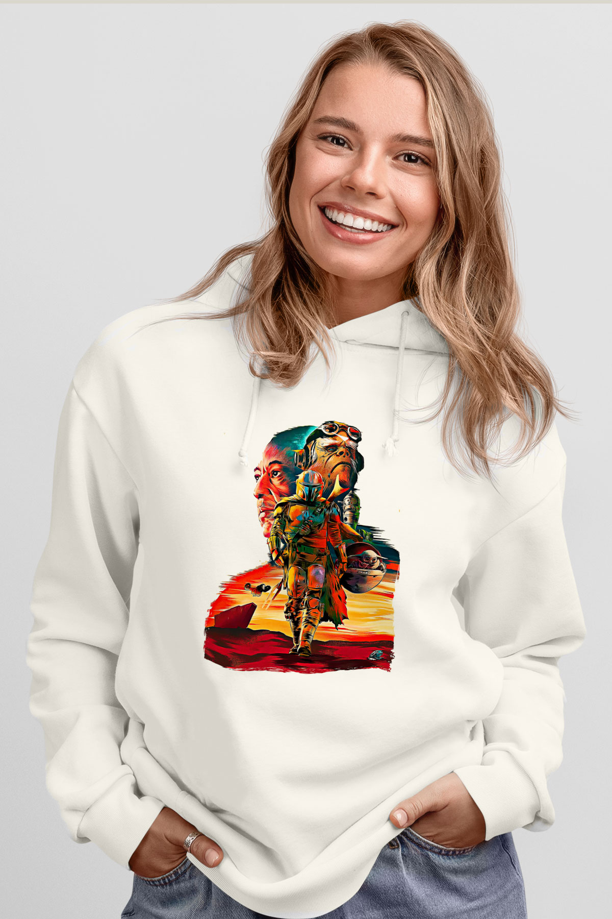 Mandolarian Baskılı Beyaz Unisex Hoodie