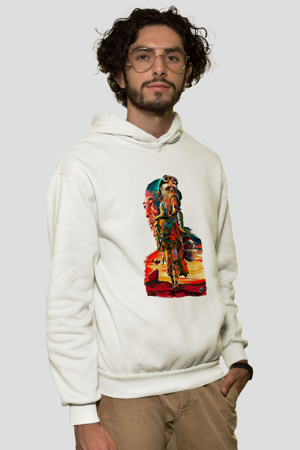 Mandolarian Baskılı Beyaz Unisex Hoodie