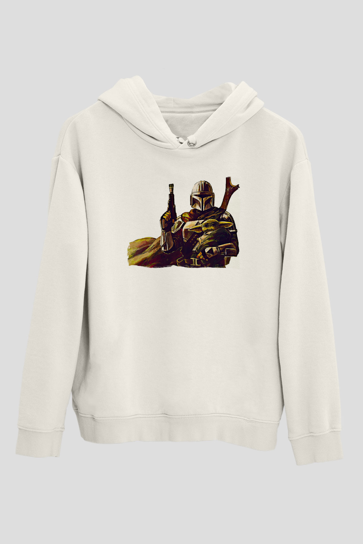 Mandolarian Baskılı Beyaz Unisex Hoodie