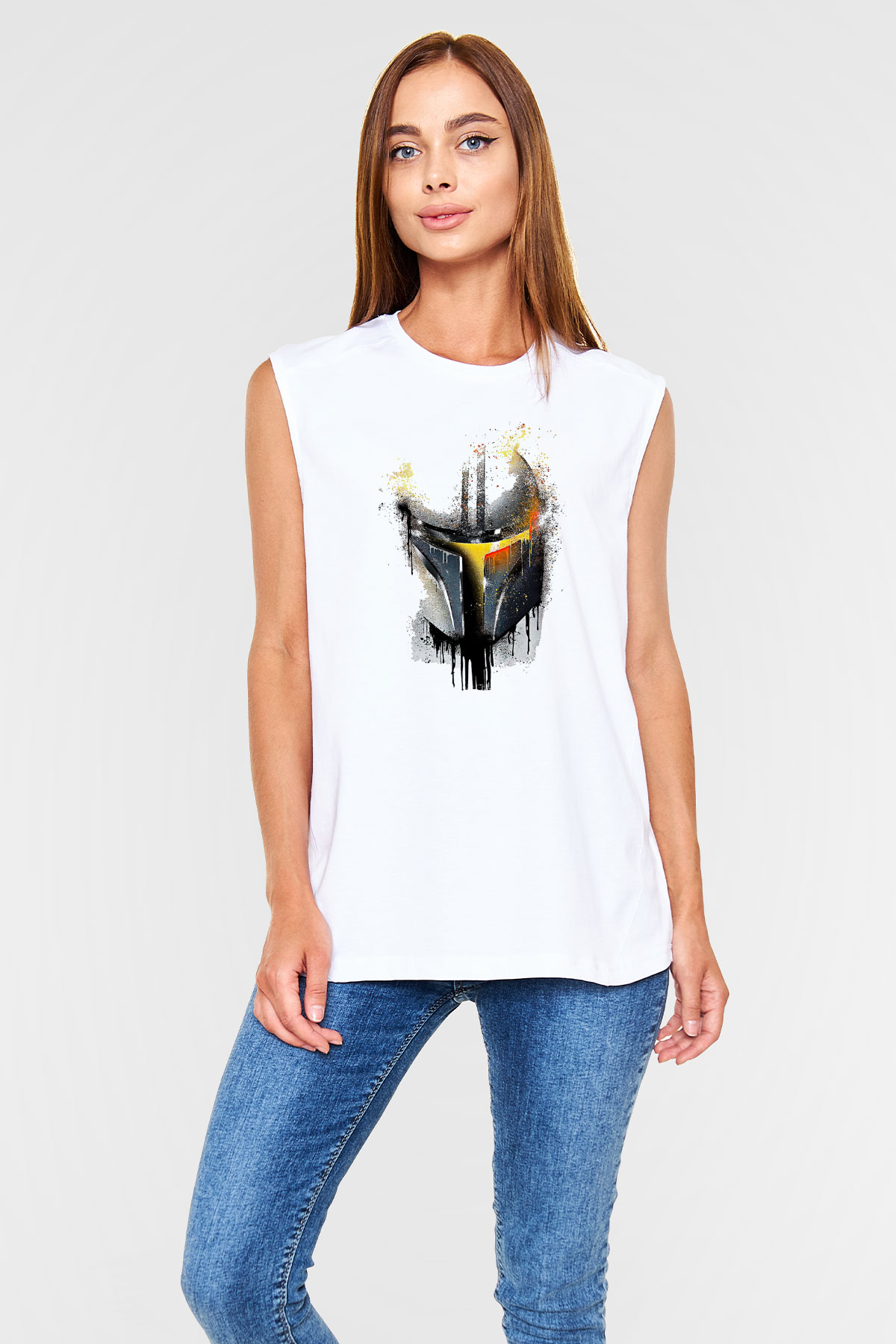 Mandolarian Baskılı Beyaz Unisex Kolsuz Tişört - Tshirt