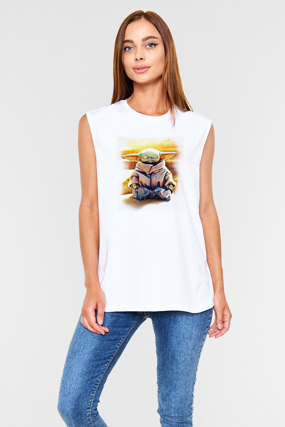 Mandolarian Baskılı Beyaz Unisex Kolsuz Tişört - Tshirt