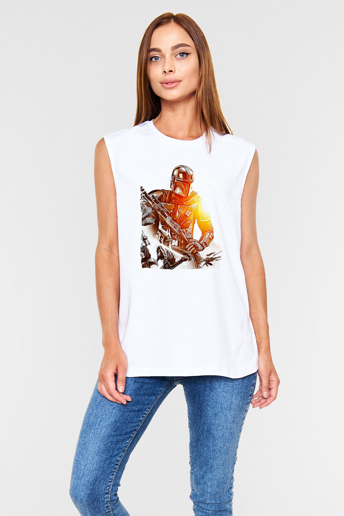 Mandolarian Baskılı Beyaz Unisex Kolsuz Tişört - Tshirt