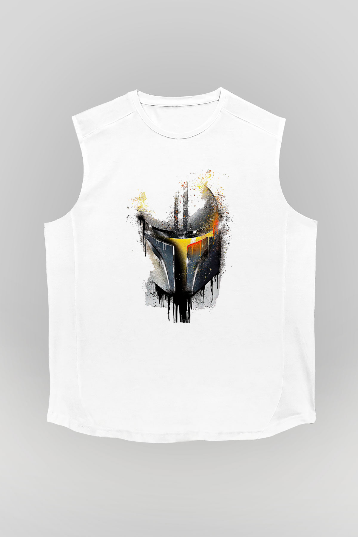 Mandolarian Baskılı Beyaz Unisex Kolsuz Tişört - Tshirt