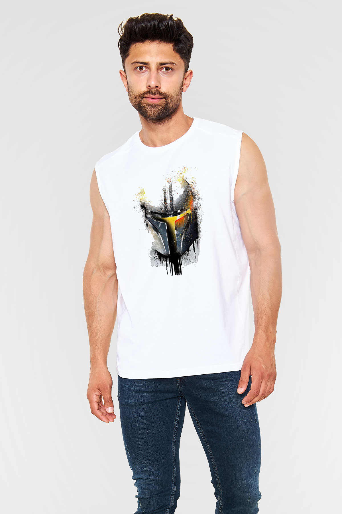 Mandolarian Baskılı Beyaz Unisex Kolsuz Tişört - Tshirt