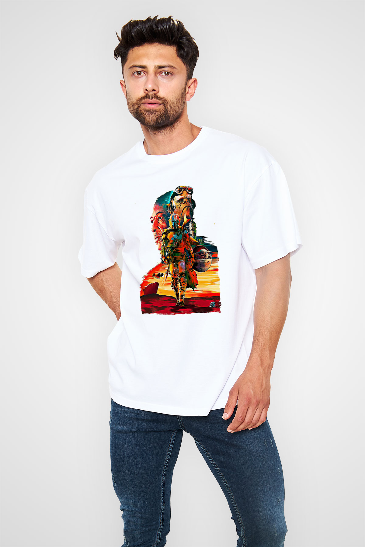 Mandolarian Baskılı Beyaz Unisex Oversize Tişört - Tshirt