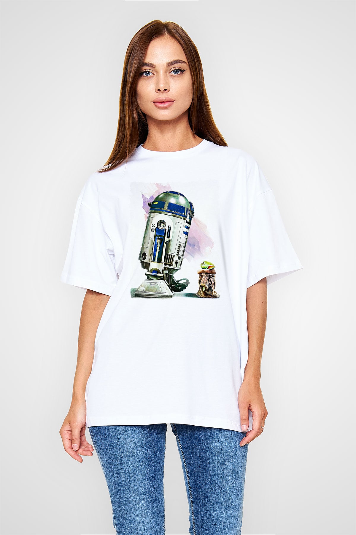 Mandolarian Baskılı Beyaz Unisex Oversize Tişört - Tshirt