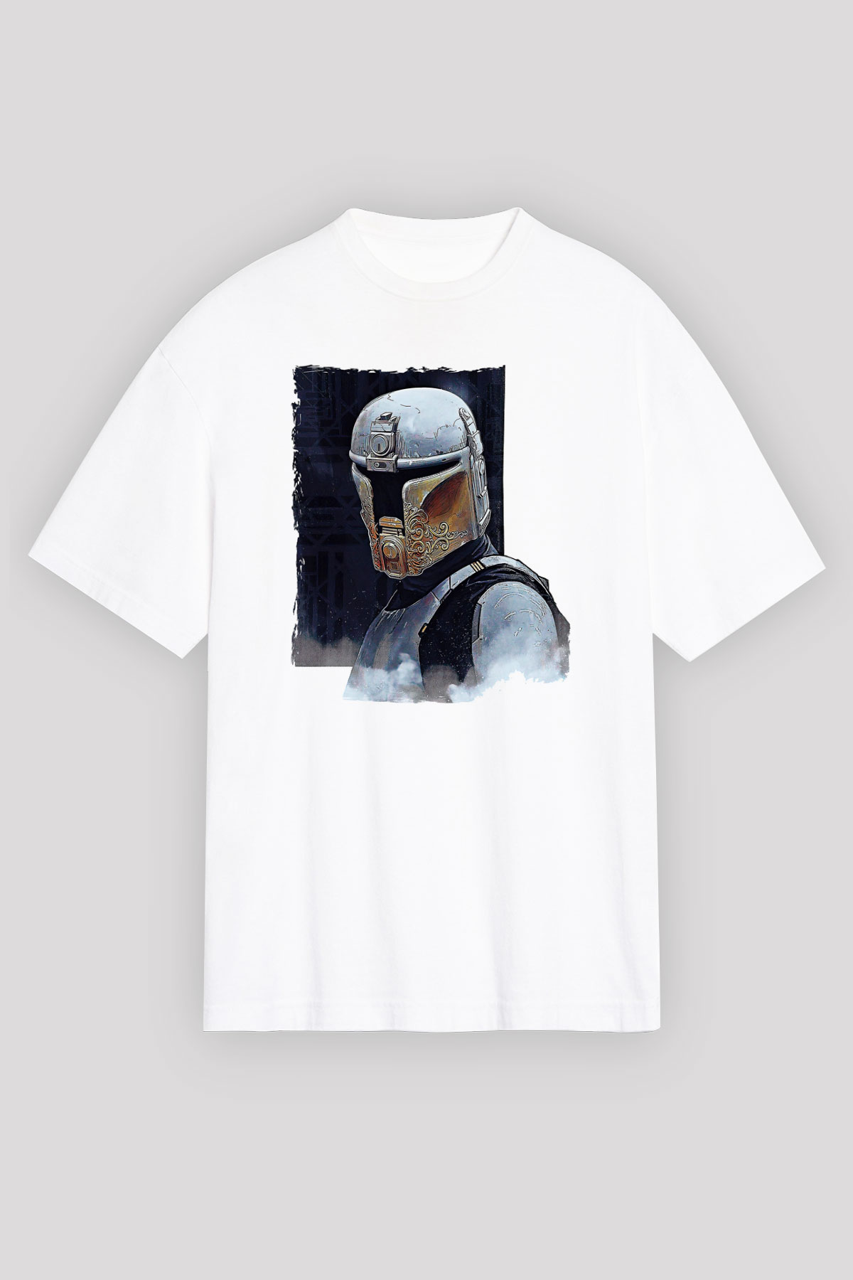 Mandolarian Baskılı Beyaz Unisex Oversize Tişört - Tshirt