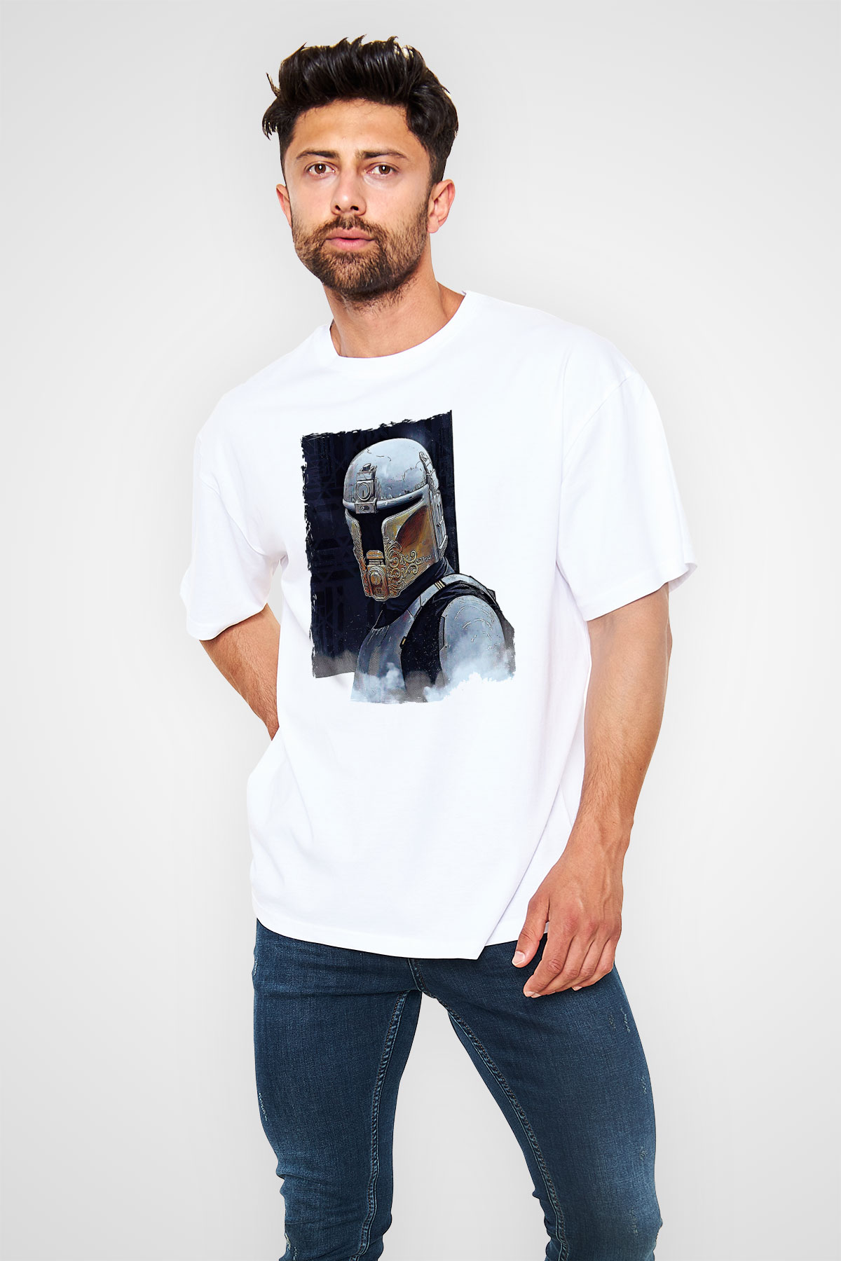 Mandolarian Baskılı Beyaz Unisex Oversize Tişört - Tshirt